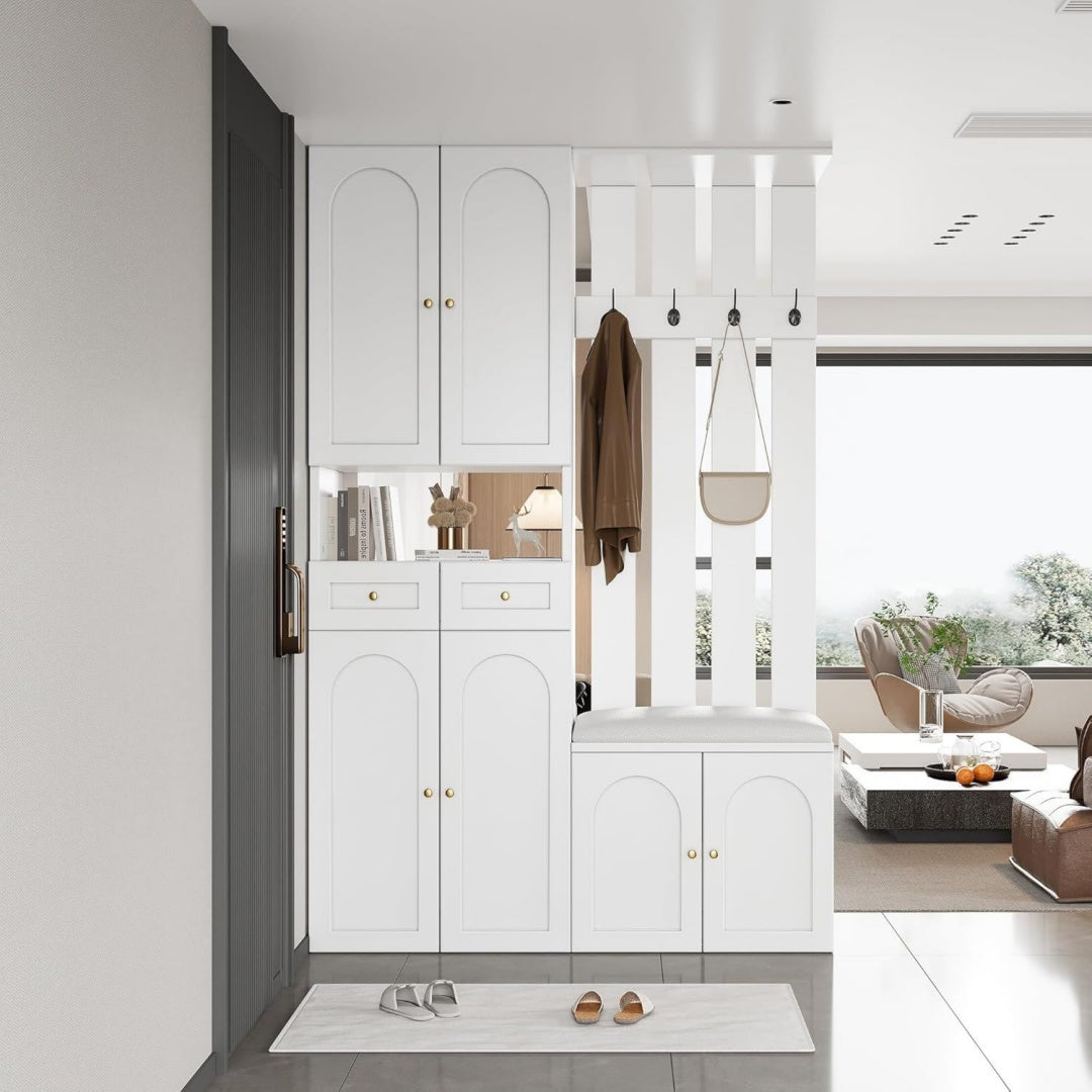 merax flurgarderobe garderobenschrank flur garderobenset mit sitzbank schuhschrank 2 schublade 4 haken und 6 tueren garderobenstaender fuer eingangsbereich 110 x 37 x 180 cm weiss