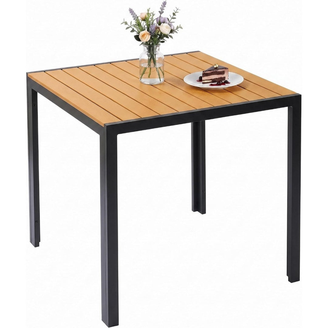liferun gartentisch wetterfest 75x75cm wpc quadratischer balkontisch klein tisch balkon mit aluminiumrahmen in holzoptik uv-bestaendiger terrassentisch fuer 4 personen teakbraun