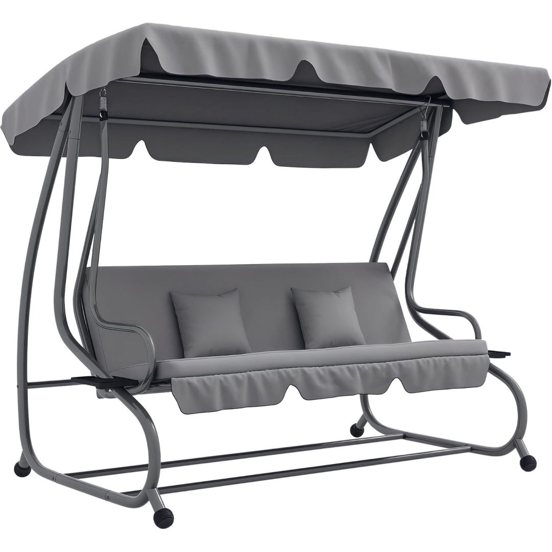 hollywoodschaukel mit liegefunktion 200x120x164cm hellgrau 3-sitzer verstellbarem dach seitenklapptisch wasserabweisender schaukelbank belastbar bis 340kg fuer garten