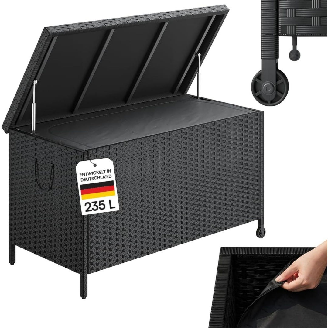 steelsn serion gartenbox 110x55x60cm mit rollen griff rattan schwarz aufbewahrungsbox klappdeckel outdoor auflagenbox aufbewahrungskiste wetterfest gartenkiste stahlgestell kissenbox