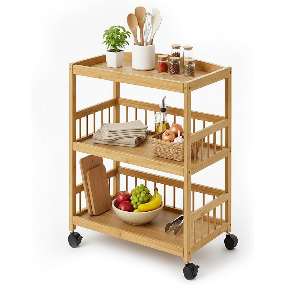 relaxdays kuechenwagen bambus 3 ablagen fuer gewuerze vorraete hxbxt 80 x 53 x 30 cm cm schmaler rollwagen natur