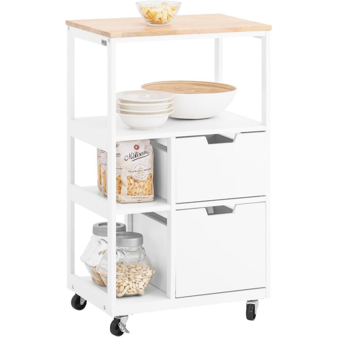 kuechenwagen mit bremsrollen 2 schubladen 3 ablagen 89x53x37 cm servierwagen mit stabiler arbeitsplatte griffmulde 42 kg tragkraft pbstahlrahmen kuechehaushalt weiss-natur fkw111-wn