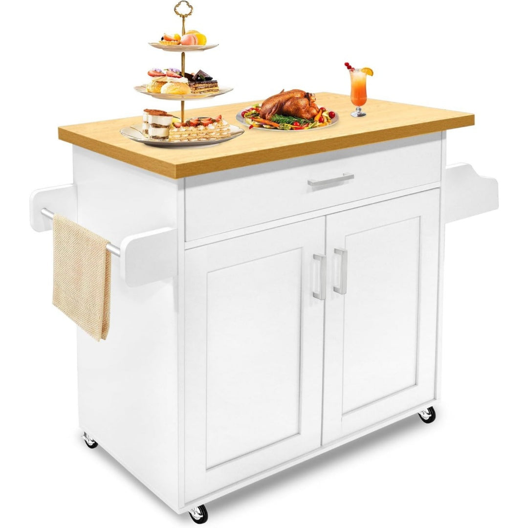 fivmen kuechenwagen kuechenschrank mit rollen und arbeitsplatte servierwagen kuecheninsel aus holz mit handtuchhalter und gewuerzboard mobile kuechenschraenke kuecheninselwagen weiss 115x90x36cm