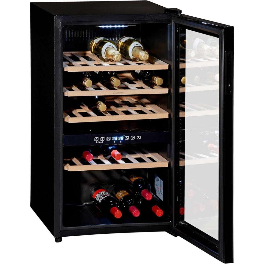 wolkenstein wts49dw stand weinkuehlschrank vinothek 2 temperaturzonen platz fuer 49 flaschen touch control display schwarz 86 x 48 cm